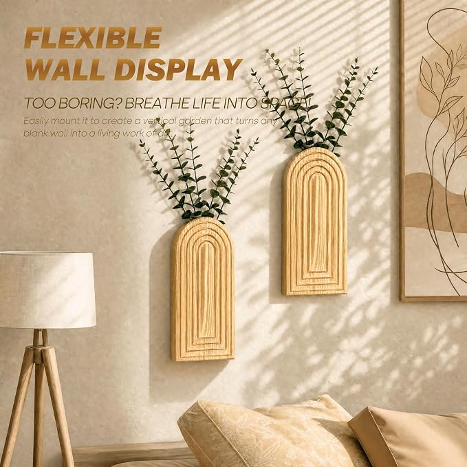 EOSAHR Pine Wall Vases Set of 2 for Boho Decor - Wall Planter for Indoor Plants & Fake Hanging Plants - Ideal Wood Vase for Living Room, Kitchen & Bedroom (Warm Yellow)