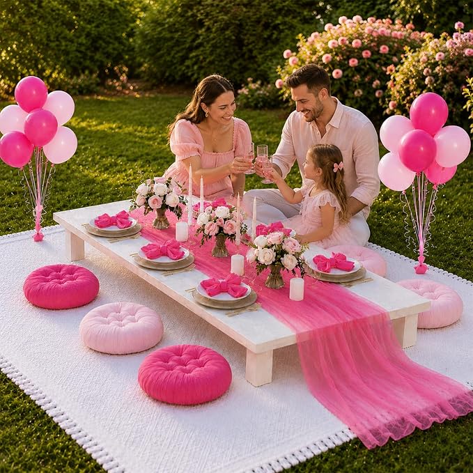 Cinrobiye Boho Picnic Party Set for Outdoor, Aesthetic Picnic Setup with Large Picnic Blanket, Floor Cushions, Table Runner, Napkins, Balloons for Wedding, Bridal Shower, Birthday (Pink)