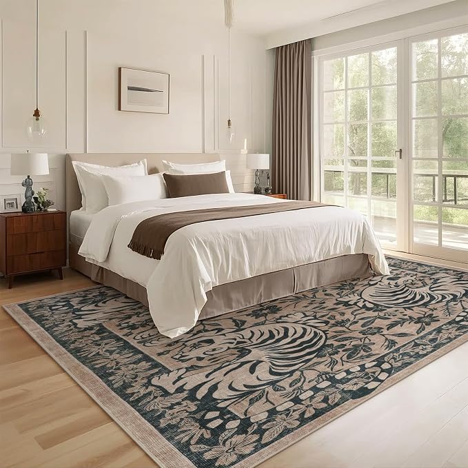 LIVEBOX Tiger Washable Area Rug 8x10, Boho Rugs for Living Room Non-Slip Jungle Floral Bedroom Rug, Vintage Soft Western Animal Floor Carpet for Dining Room Home Office Dorm (Taupe)