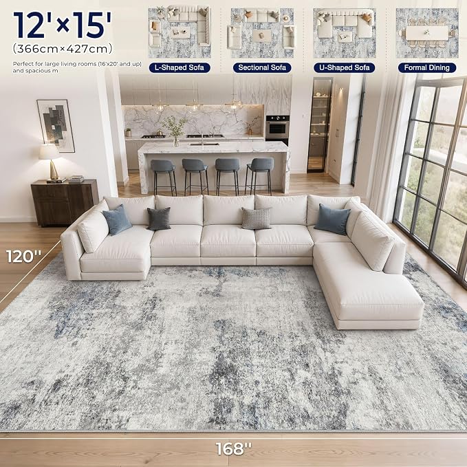 DMOYEST 12x15 Area Rug for Living Room Washable Abstract Indoor Carpet | Neutral Modern Low Pile Rugs Kid & Pet Friendly Large Soft Thin Carpet for Bedroom Dining Room Office - Grey Blue
