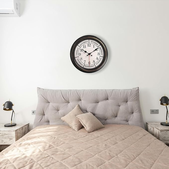 zyzamay 12 Inch Retro Wall Clock,Classic Day of The Week Wall Clock,Easy to Read,Non-Ticking Round Classic(Black Gold)