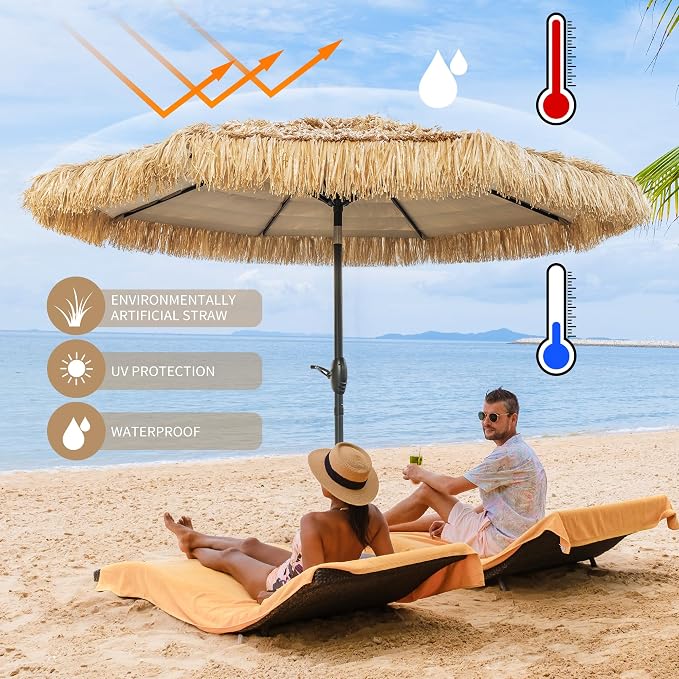 8FT Tiki Umbrella, Patio Umbrella Thatched Umbrella Outdoor Patio, Upgrade with UPF 50+, Tiki Beach Umbrellas with Zinc Alloy Push Button Tilt and for Pool Backyard