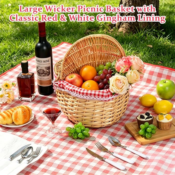 Picnic Basket Set for 2, Wicker Basket with Lid, Folding Table, Insulated Cooler Bag, Mat, Cutlery & Glasses, Red and White Checkered Complete Picnic Kit for Outdoor Camping Beach Park