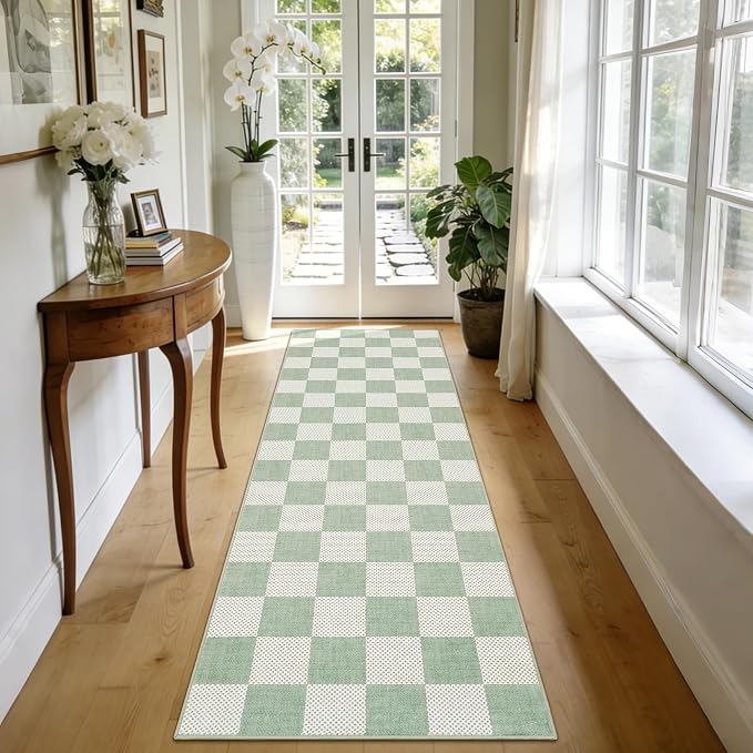 GarveeHome Checkered Sage Green 2x6 Washable Kitchen Runner Rug Entryway | Sage Green Small Area Rug for Hallway Bedroom Bathroom Low-Pile Non-Slip Stain Resistant Geometric Rugs TPE Backing