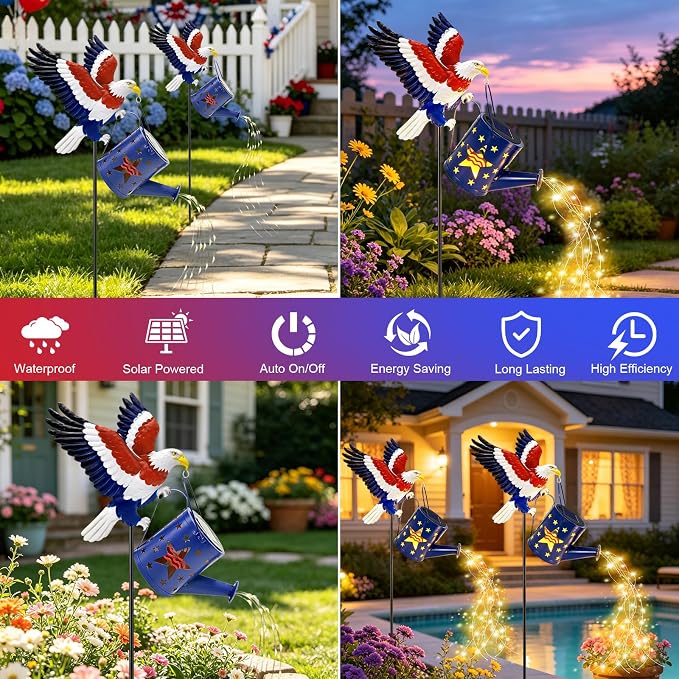 USA 250th Anniversary Solar Eagle Watering Can Lights, 29.9in Metal Eagle with Solar Lights, 4th of July Decorations Patriotic Independence Outdoor for Memorial Day Veterans Day Yard Patio Lawn Decor