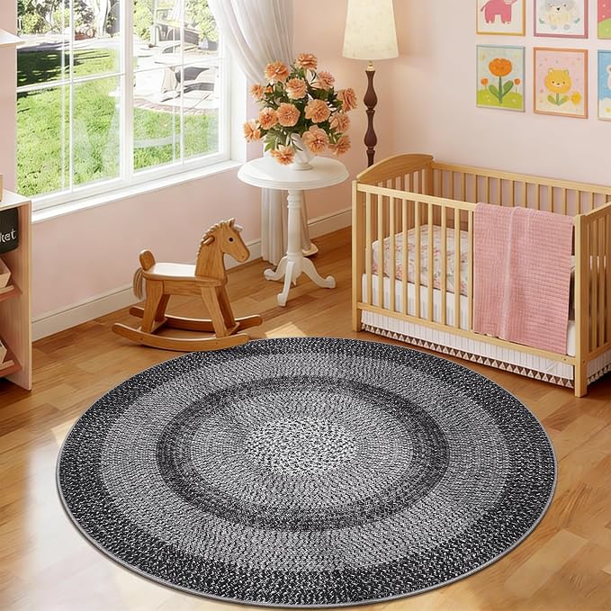 RUGSREAL Modern Bordered Round Area Rug 4ft Washable Bedroom Circle Rugs | Non Slip Stain Resistant Dining Room Round Throw Carpet Contemporary Circle Mats for Living Room Kitchen Nursery, Black
