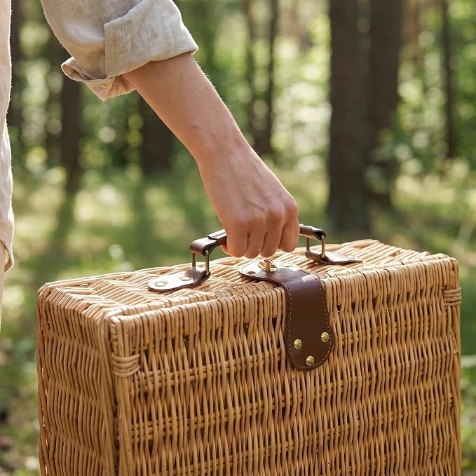 Multifunctional Wicker Picnic Basket Set for 2 Adults with Picnic Table and Blankets,Large Insulated Picnic Set with Wine Pouch and Full Tablewares for Camping Outdoor Couples Beach Wedding Flower