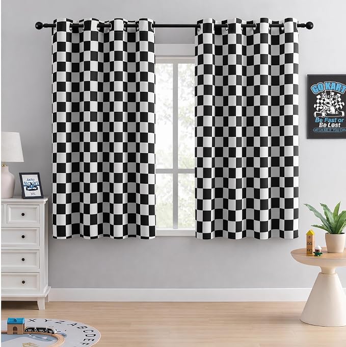 3-Inch Checkered Blackout Curtains, Modern Geometric Window Drapes, 100% Light Blocking, Thermal Insulated & Noise Reducing Curtains for Bedroom, Grommet Top 52 x 63 Inches, 2 Panels