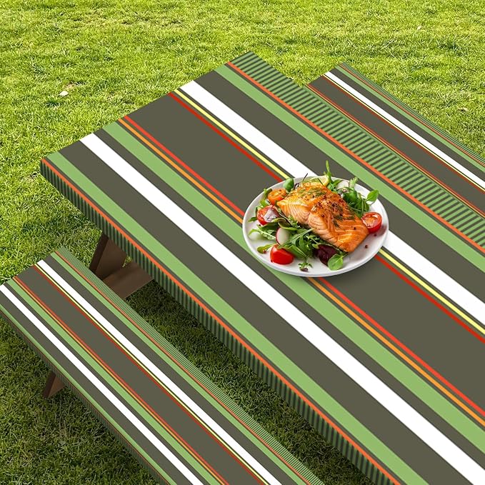 Picnic Table Cover with Bench Covers Elastic Edges, Green Tripes Camper Fitted Table Cover, Outdoor Patio Camping Essentials 72 Inch 3PCS, Waterproof Camping Fitted Tablecloth with Drawstring Bag