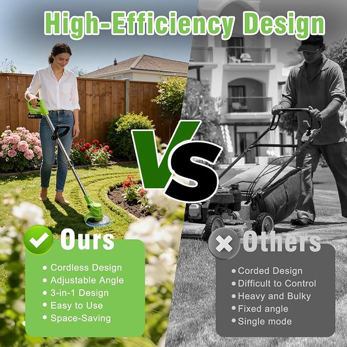 3-in-1 Cordless Weed Wacker, 24V Battery Powered Grass Trimmer Electric Brush Cutter Lawn Edger with 2 Pack 2000mAh Batteries for Garden Yard Pruning Yard