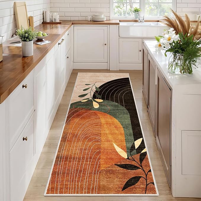 Washable Runner Rug 2x6 Area Rug Non Slip Mid Century Modern | Long Throw Carpet Runner for Hallway Kitchen Bedroom Bedside Laundry Room Floor Boho Abstract Retro Terracotta Rust