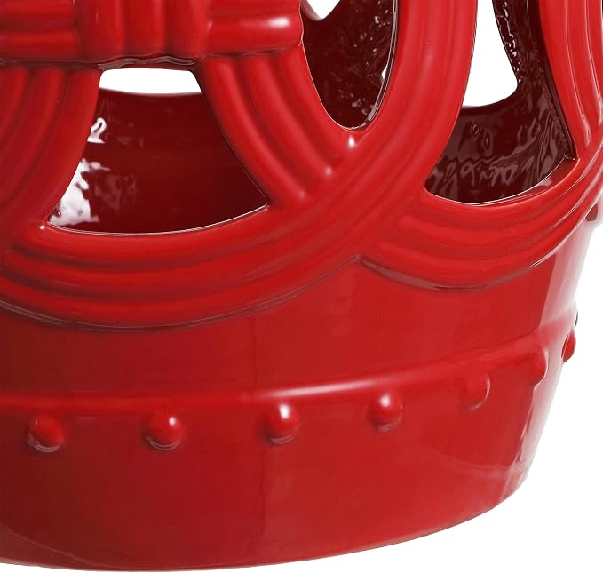 JONATHAN Y Lucky Coins 16" Ceramic Garden Stool, Contemporary Matte Red Cutout Interlocking Rings Drum Indoor/Outdoor Side Table and Plant Stand for Patio, Garden, Living Room TBL1022C