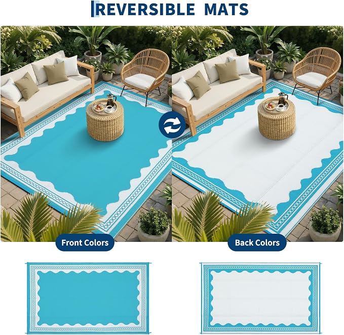 Garvee Outdoor Rug 5x8 Scalloped Waterproof Patio RV Outdoor Rugs Reversible Foldable Plastic Straw Rug Modern Camping Carpet for Deck Camper Porch Balcony Backyard Picnic Beach Light Blue