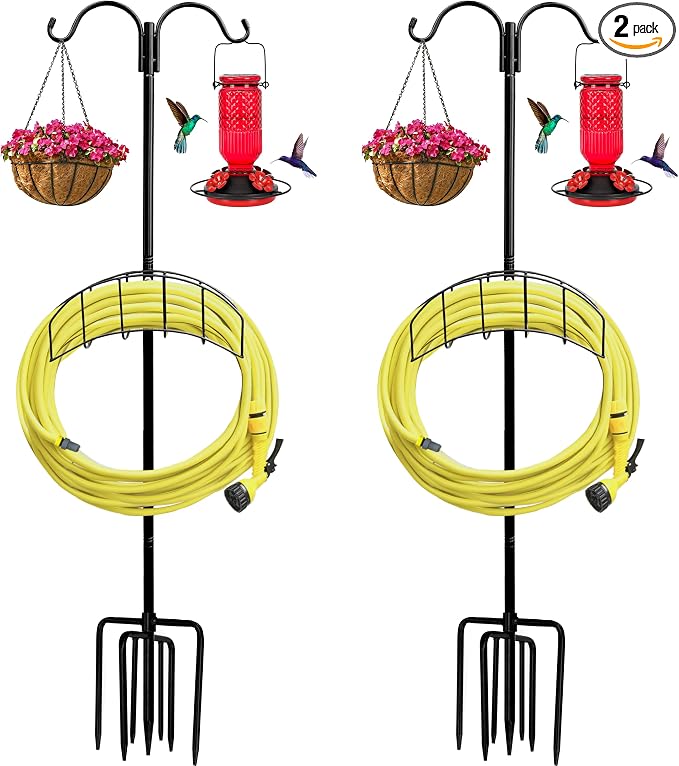 2-Pack Garden Hose Holder Stand with 7 Prong Base and Dual Shepherd Hooks | Freestanding Holds 150FT Hose Heavy Duty Water Hose Stand Sturdy Detachable Hose Stand Black