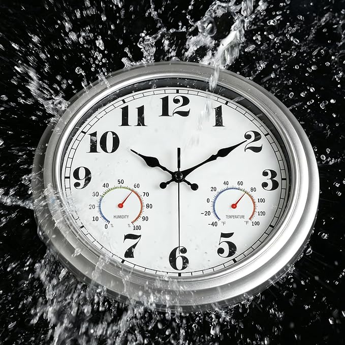 JENLYSTIME 13 Inch Outdoor Clock, Waterproof and Silent, with Thermometer and Hygrometer, Large Numbers for Easy Reading, Perfect for Home,Office,Bedroom,Kitchen,Porch,Garden,Pool(Silver)