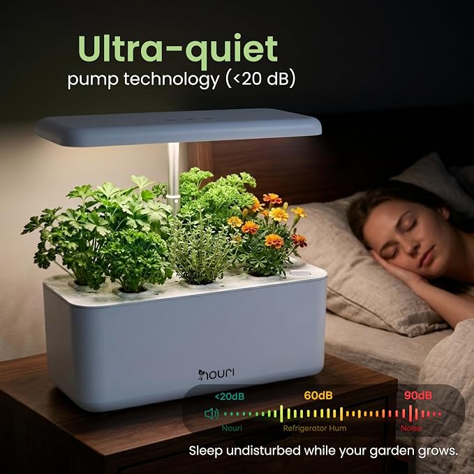 Nouri Hydroponics Growing System, 7 pod Smart Indoor Herb Garden Kit with LED Grow Lights, Hydroponic Herb Garden Indoor for Plant Lovers, Gardeners, Kitchen, Basil Seeds Included