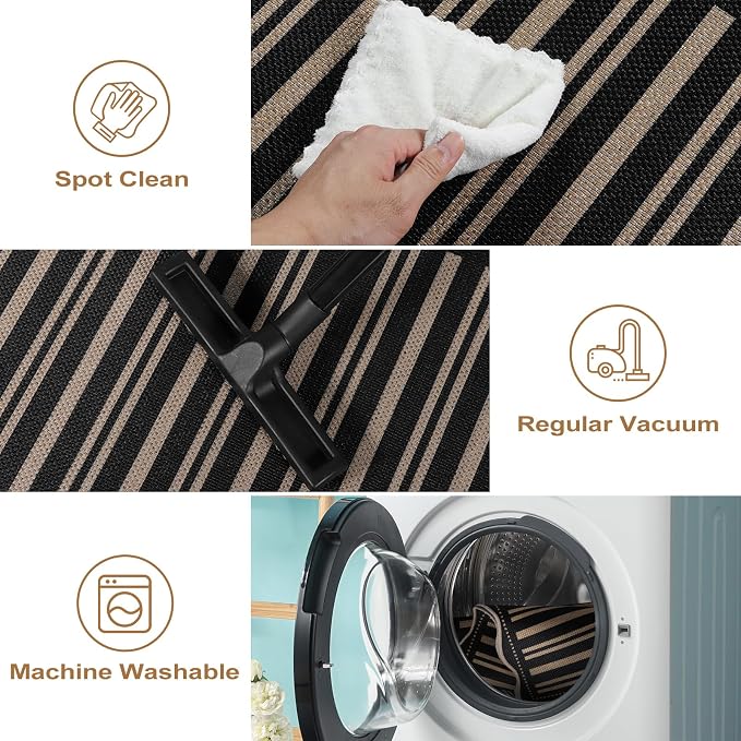 Striped Easy Jute Runner Rug, 2x6 Kitchen Rug Non Slip Washable Outdoor Runner for Entryway Indoor, Farmhouse Black Indoor Outdoor Carpet for Hallway Porch Laundry