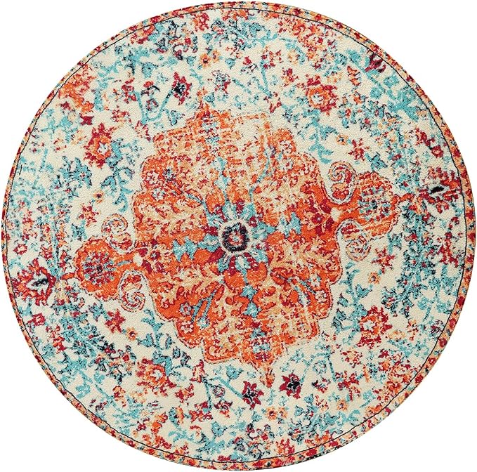 Lahome Bohemian Floral Medallion Round Rug - 4Ft Soft Bedroom Area Rug Oriental Distressed Washable Entryway Foyer Throw Mat Non-Slip Door Carpet for Dining Living Room Bedside Nursery, Orange/Multi