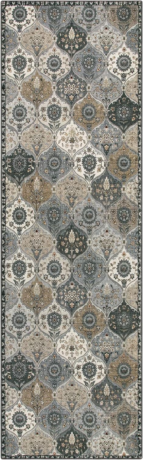Lahome Moroccan Washable Runner Rug, 2x6 Soft Kitchen Runner Rug Non Slip | Vintage Trellis Laundry Room Rug Vintage Ultra-Thin Long Carpet for Kitchen Bedroom Elise, Grey