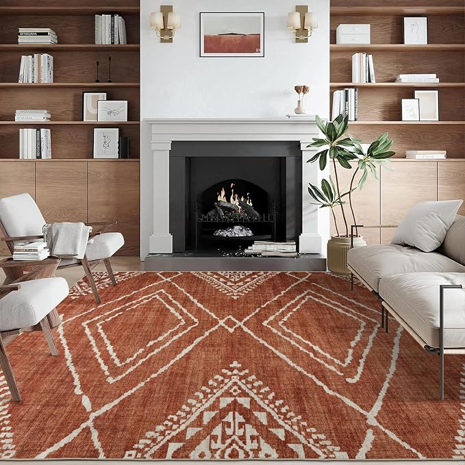 Machine Washable Area Rug - Living Room Bedroom Bathroom Kitchen Entryway Office - Padded Low Pile Stain Resistant Premium - Moroccan Diamond Tribal - Jax - Orange 5' x 7'