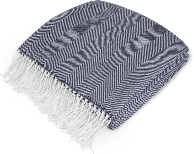 PAVILIA Navy Blue Herringbone Throw Blanket for Couch Bed, Decorative Outdoor Throw Blanket, Faux Cashmere Blanket Throw, Lightweight Accent Sofa Blanket Throw, 50x60
