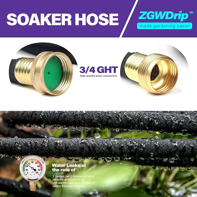25FT 1/2" Water-Saving Soaker Hose with Solid Brass Connectors, Drip Irrigation Kit for Lawn & Yard