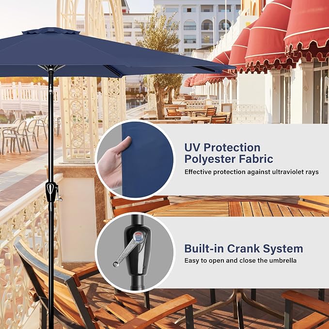 Simple Deluxe 9FT Outdoor Patio Umbrella Table Market Umbrella with Push Button Tilt and Crank, 8 Sturdy Ribs, UV Protection Waterproof for Garden, Lawn, Deck, Backyard, Pool, Dark Blue