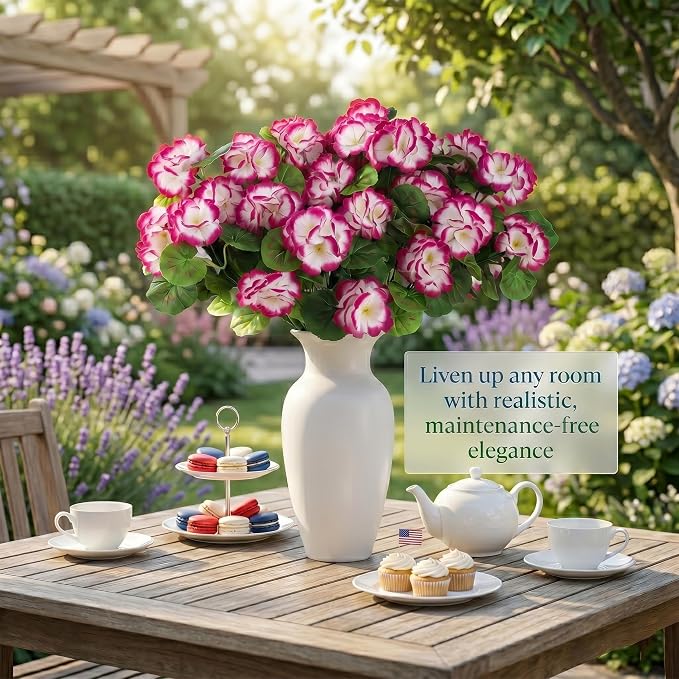 24 Pcs Artificial Geranium Flowers for Outdoor, UV Resistant Geraniums Artificial Flowers Realistic Faux Flowers Outdoor for Planters Outside Porch Garden Decor (15.3", Gradient Rose Red)