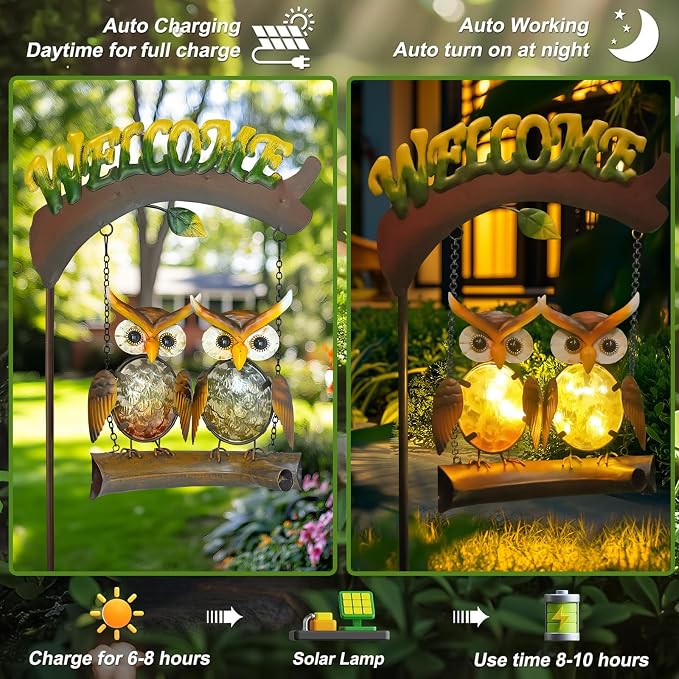 Solar Lights Outdoor Decor, Owl Swing Garden Decor, Owl Gifts for Women Mom, Whimsical Garden Lights Outdoor Decorations with Welcome Sign for Outside Patio Yard Lawn Decor-48inch