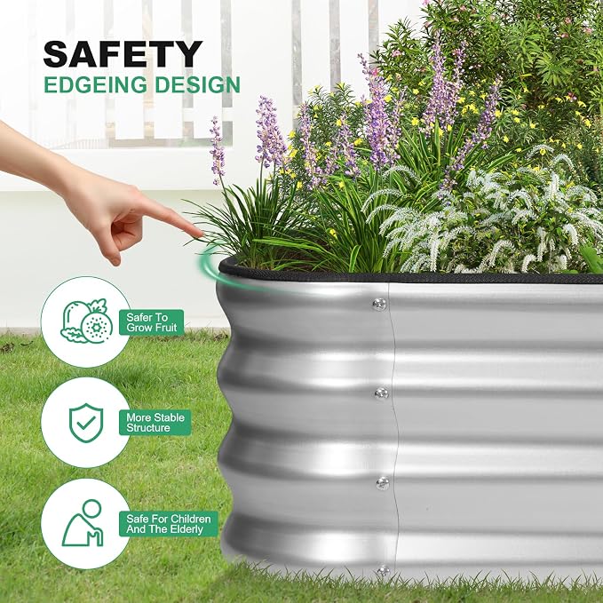 1MORE Raised Garden Bed -8X2X1 Galvanized Planter Box for Outdoor Gardening,5 in 1 Modular Raised Bed Kit with Protective Tape, Gloves for Herb,Ideal for Vegetables and Plants.Sliver-2pack