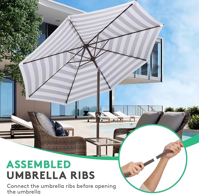 JEAREY 10FT Patio Umbrellas Outdoor Table Umbrella with Push Button Tilt and Crank, Market Umbrella 8 Sturdy Ribs UV Protection Waterproof for Pool, Garden (Black & White Stripe)