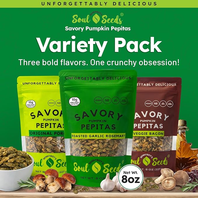 Soul Seeds Pumpkin Seeds Variety Pack – Organic Pepitas Snack Pack with Porcini, Garlic Rosemary & Veggie Bacon Flavors, Savory Vegan Seed Snacks, Crunchy Roasted Topping, 3 Pack 8 oz