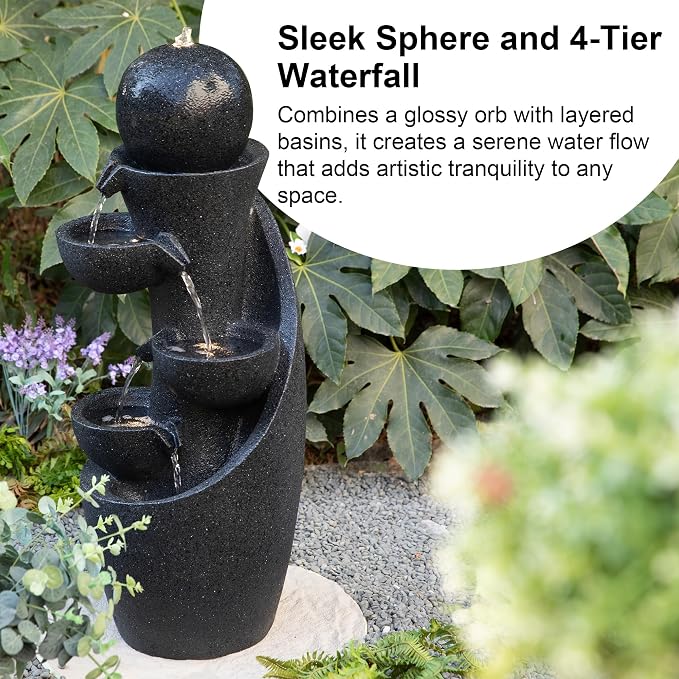 Glitzhome Outdoor Water Fountain with LED Light & Pump, Modern 5-Tier Bowl and Sphere Polyresin Outdoor Fountain, 33.5" Cascading Waterfall Fountain Water Feature for Porch Deck Patio Backyard Decor