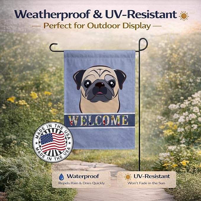 Caroline's Treasures BB1448GF Fawn Pug Welcome Garden Flag, Blue Mailbox Flag Decorative Yard Flag Banner Outside Patio Artwork Yard Flower Beds, Garden Size, Multicolor