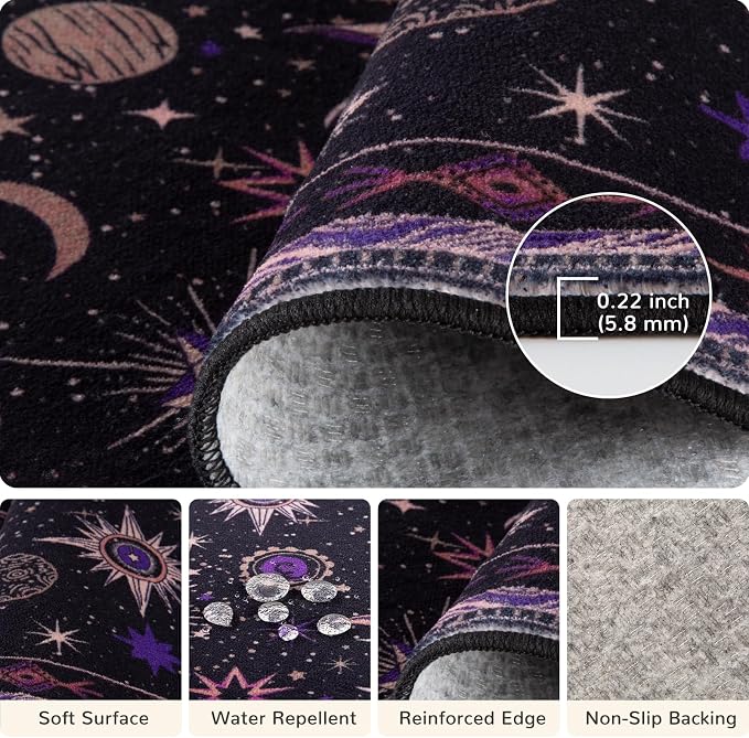 Vacuum-Friendly, 2x8 Washable Area Rug, Black Purple Beige | Sun and Moon Boho Gothic Non-Slip Low Pile Living Roon Bedroom Dining Room Kitchen Entry Entryway Entrance Hallway Doormat