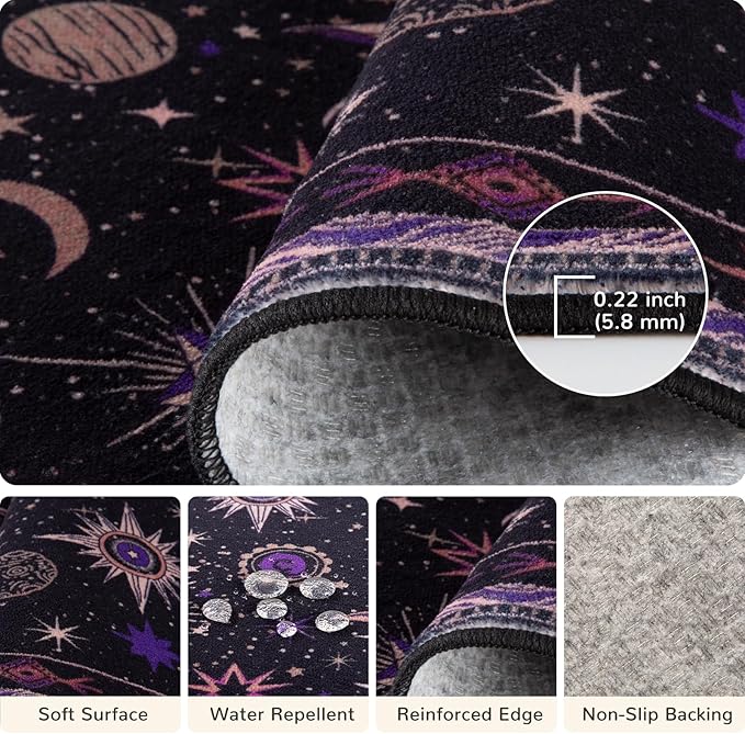 Vacuum-Friendly, 5x7 Washable Area Rug, Black Purple Beige | Sun and Moon Boho Gothic Non-Slip Low Pile Living Roon Bedroom Dining Room Kitchen Entry Entryway Entrance Hallway Doormat