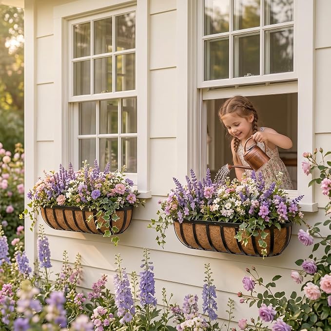 Y&M Railing Planter Boxes 24 Inch 2 Pack, 2-in-1 Adjustable Hanging Balcony Planters with Coco Liners, Heavy Duty Window Box Planters with Support Rods for Outdoor Garden