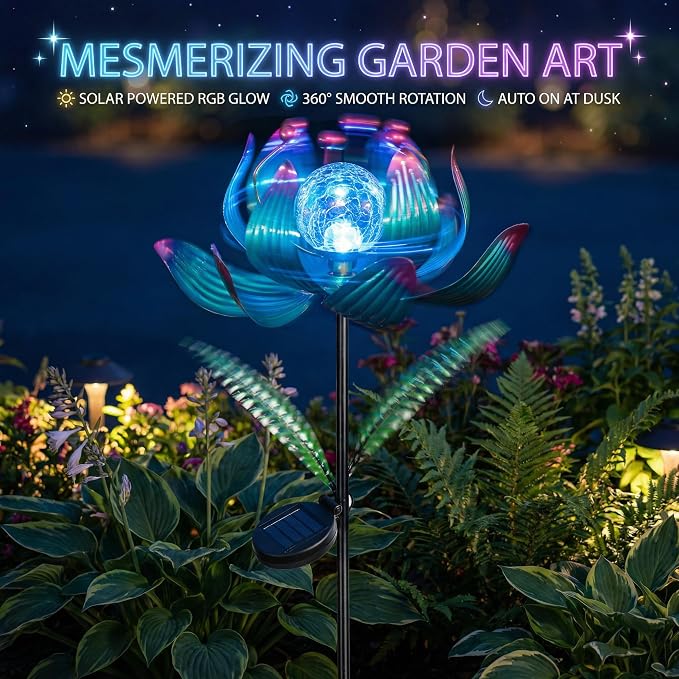 38 Inch Solar Wind Spinner Outdoor, Kinetic Lotus Yard Art with Glass Light | Glowing Crackle Glass Light And 360° Spinning Lotus Petals Create Vibrant Garden Decor For Patios, Lawns And Pathways