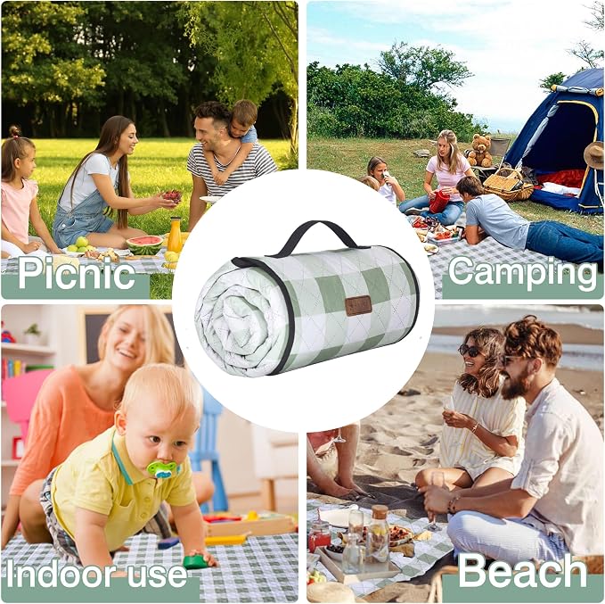 HX&OD Outdoor Picnic Blanket, Extra Large, 80''x60'' Waterproof Foldable Blankets Gingham Picnic Mat for Beach, Camping Grass Lawn Park Accessories Cute Couple Ideas Wedding (Green, 80”x60”)