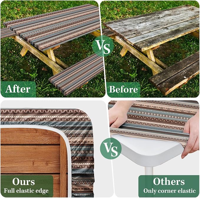 Picnic Table Cover with Bench Covers Elastic Edges, Blue Brown Tripes Camper Fitted Table Cover, Outdoor Patio Camping Essentials 72 Inch 5PCS, Waterproof Camping Fitted Tablecloth with Drawstring Bag