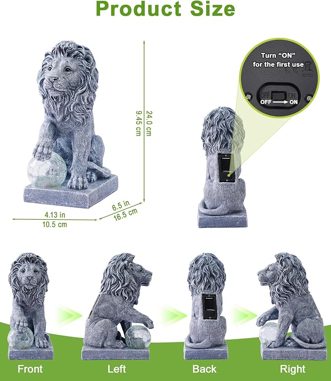 Guardian Lion Outdoor Statues for Garden with Solar Ball (Grey) | 9.45in IP65 Waterproof,Outside Decor, Yard Art Lawn Ornaments, Porch Patio Balcony Home House, Gifts for Mom Grandma Women