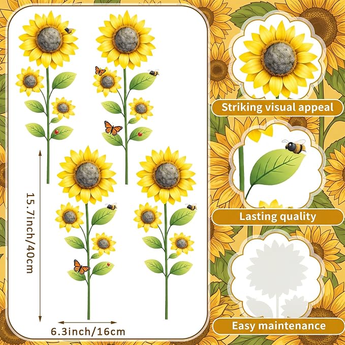 4 Pack Garden Decor for Outside 15.7'' Metal Sunflower Garden Stakes Decorative Summer Flowers Metal Yard Art Rust Proof Plant Sticks for Outdoor Lawn Yard Patio Porch