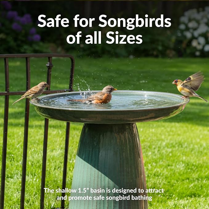Sunnydaze Gleeful Garden 23" Iron Pedestal Bird Bath for Outside - Modern Shallow Basin Birdbath for Outdoors with UV-Protected Rust-Resistant Finish for Patio, Garden, Yard Decor - Green Glaze