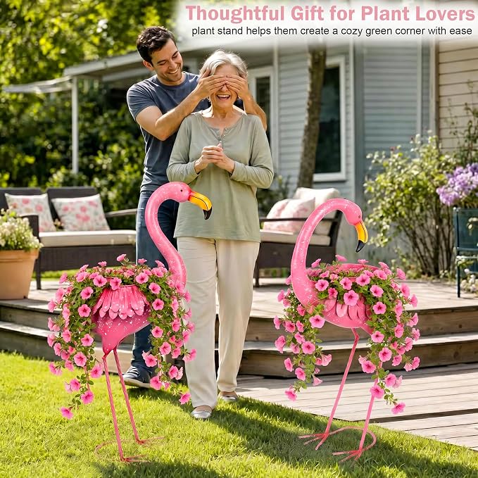 Set of 2 Flamingo Planters, Pink Metal Standing Flamingo Flower Pots with Drain Hole, Indoor Outdoor Decorative Planters for Lawn Garden Patio Yard