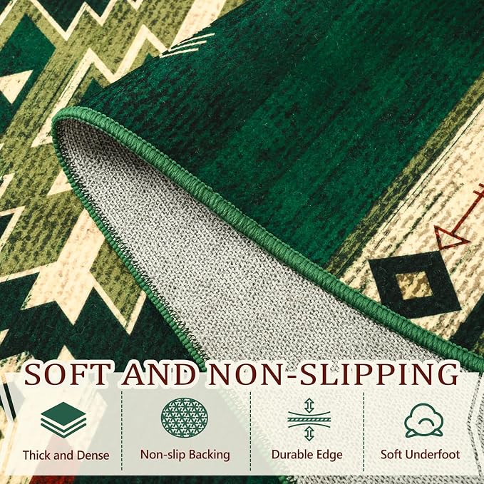 BENRON Western Rugs for Living Room Bedroom 5x7, Non Slip Area Rugs, Green | Southwest aztec Rustic Rugs for Dining Table Kitchen Home Decor, Washable