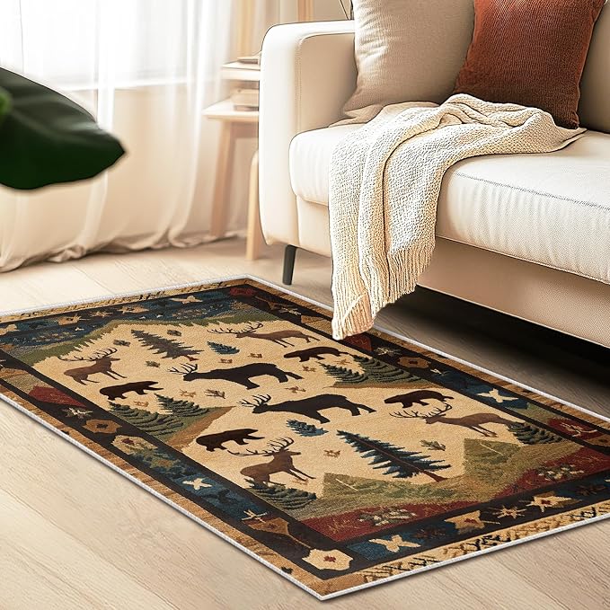 Farmhouse Cabin Area Rug Rustic Deer Bear Washable 3x5 Rugs for Living Room Bedroom Western Country Non-Slip Soft Floor Large Carpet for Office Entryway Bathroom