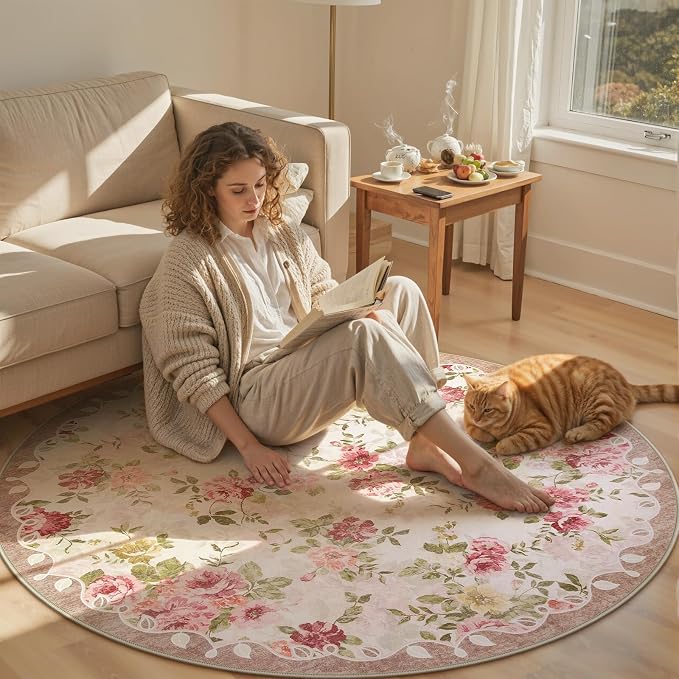 Lahome Floral Boho Round Rugs 6ft,Washable Round Rug for Dining Room Table | Circle Rugs for Living Room Large Round Carpet for Bedroom,Playroom,Nursery,Reading Corner Nina