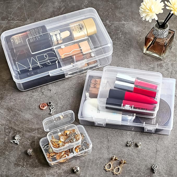 28 Pack Mixed Sizes Rectangular Mini Plastic Containers Clear Plastic Storage Boxes with Hinged Lids and Labels Empty Beads Organizers for Small Items Art Craft Jewelry Projects