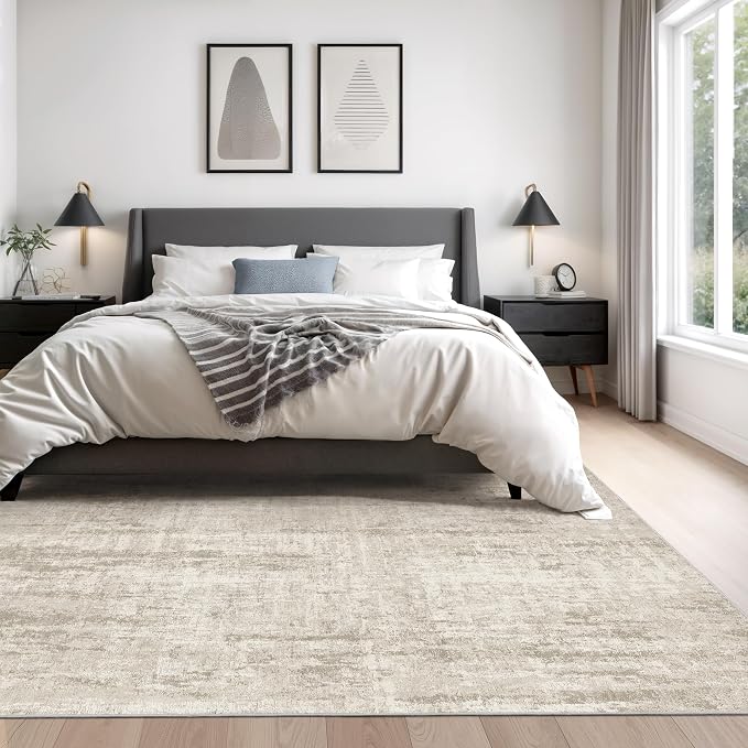 Valenrug 4x6 Area Rug for Entryway, Non Slip Washable Bedroom Rug, Beige | Soft & Lighweight, Folable, Stain Resistant Low Pile Thin Indoor Distressed Carpet Rugs for Living Room,Laundry Room,Kitchen