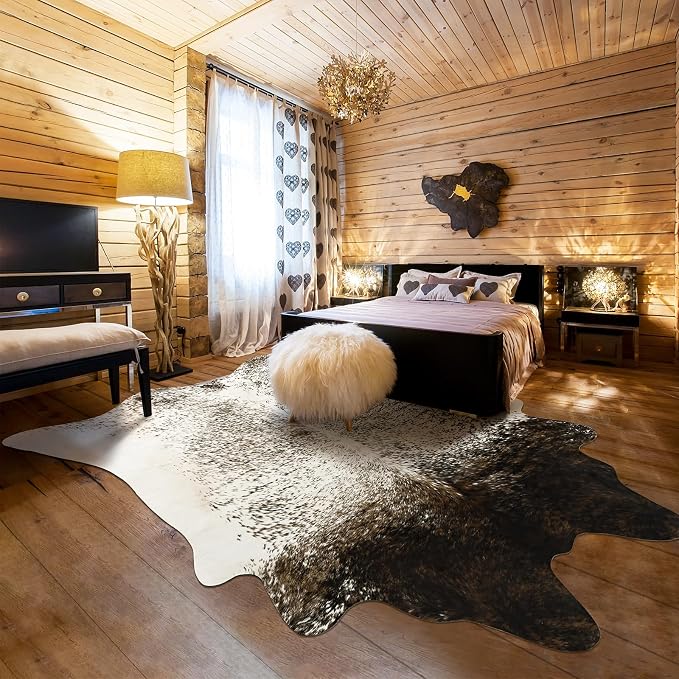 5x6 Cowhide Rug, Washable Faux Brown and White Cow Hyde Area Rugs for Living Room, Rustic Farmhouse Accent Animal Print Carpet for Apartment Couch, Synthetic Cowhide Decor